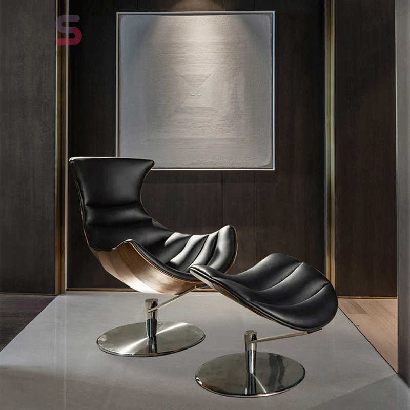 Premium Designer Lobster Lounge Chair – Sculptural Walnut Shell with Black Leather Upholstery, Contemporary Statement Furniture with Ottoman Set