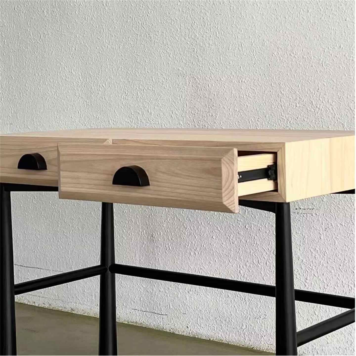 Retro Solid Wood Designer Vanity Desk, Minimalist Vintage Dressing Table with Double Drawer, Bedroom Makeup Console
