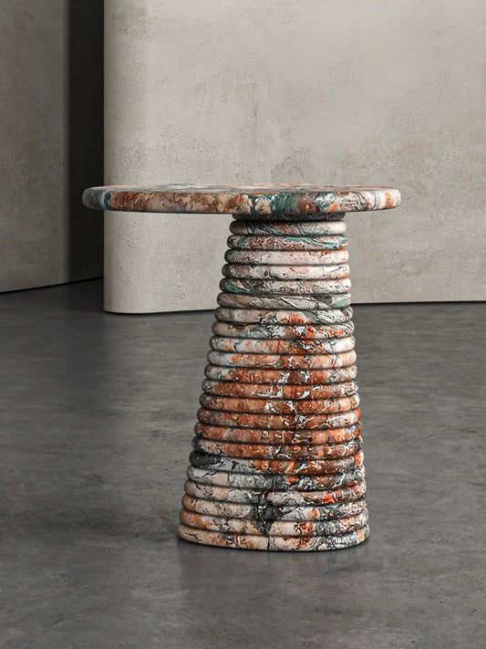 Luxury Marble Side Table – Designer Stacked Stone Round Accent Table, Modern Artistic End Table for Living Room, Bedroom, Contemporary Sculptural Furniture