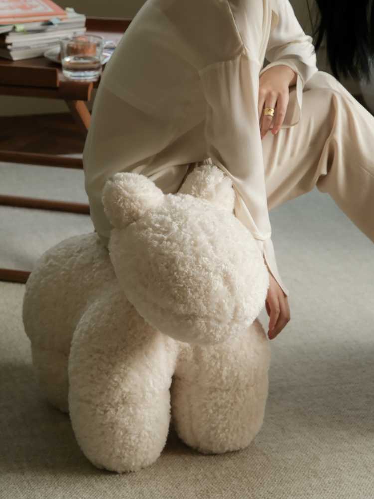 Rona Vintage Pony Chair Ottoman, Cream White Faux Lamb Wool Teddy Bear Footstool, Mid-Century Lounge Chair Accent Piece
