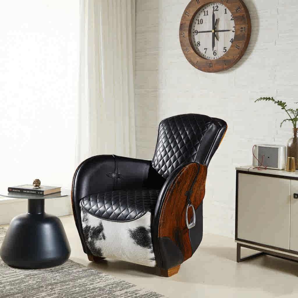 Italian Luxury Saddle Chair – Premium Waxed Leather & Cowhide Accent Chair with Equestrian-Inspired Design, Vintage European Living Room Furniture