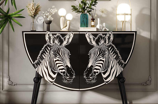 Luxury Hand-Painted Zebra Entryway Cabinet, Artistic Solid Wood Sideboard for Living Room & Hallway