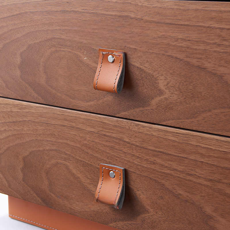 Minimalist Saddle Leather Bedside Cabinet, Luxury Walnut Wood Designer Nightstand, High-End Bedroom Side Table