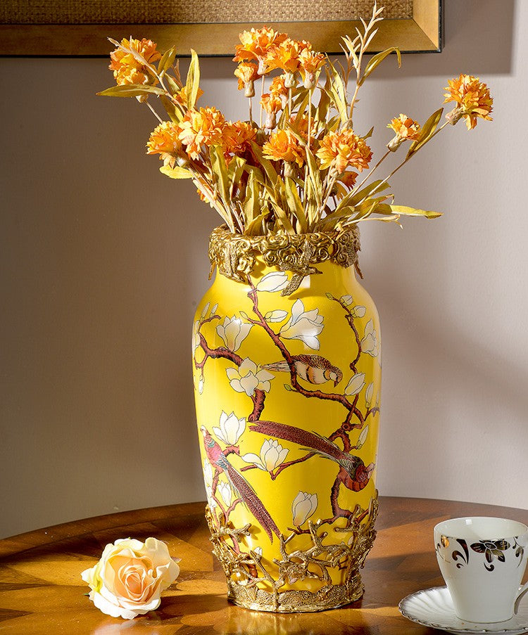 Yellow Porcelain and Brass Decorative Vase, Luxury Creative Flower Vase for Living Room, Entryway, and Model Home Display