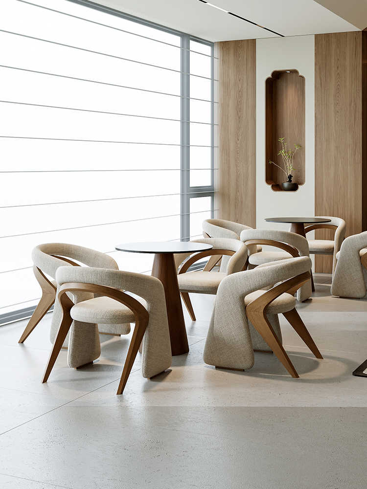 Modern Accent Table and Chair Set, Solid Wood Reception Lounge Group with Black Round Table, Upholstered Armchairs for Living Room, Office, Hotel Lobby (1 Table + 4 Chairs, Natural Wood/Beige)