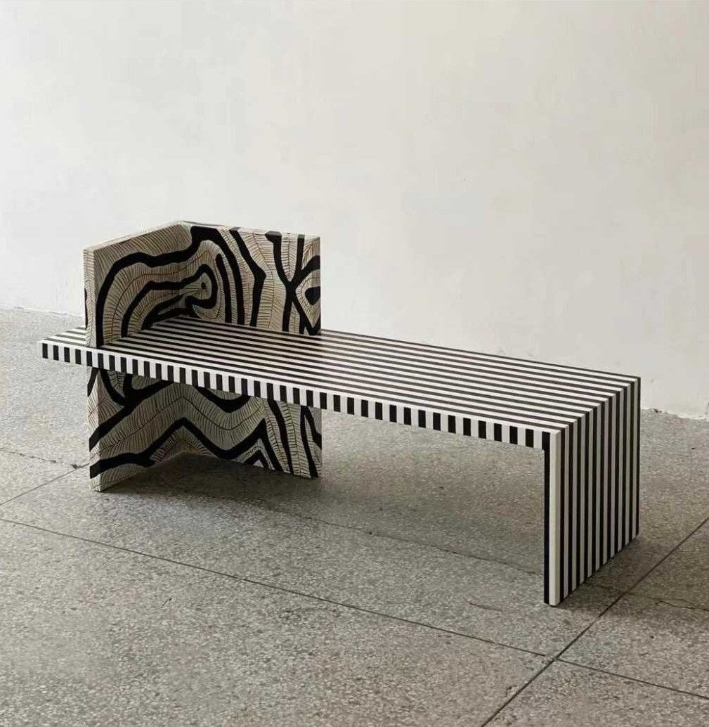 Artistic House Wabi-Sabi Designer Bench with Geometric Pattern Block, Mid-Century Modern Striped Seating for Bedroom & Entryway