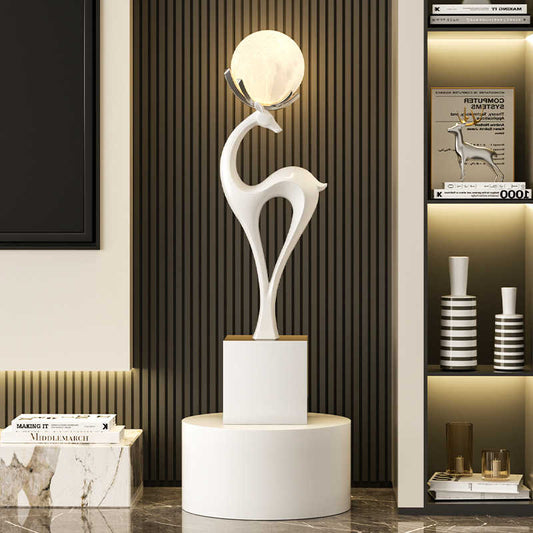 Modern Abstract Deer Floor Sculpture with Illuminated Orb, Contemporary White Ceramic Art Piece on Cylindrical Base, Luxury Housewarming Gift