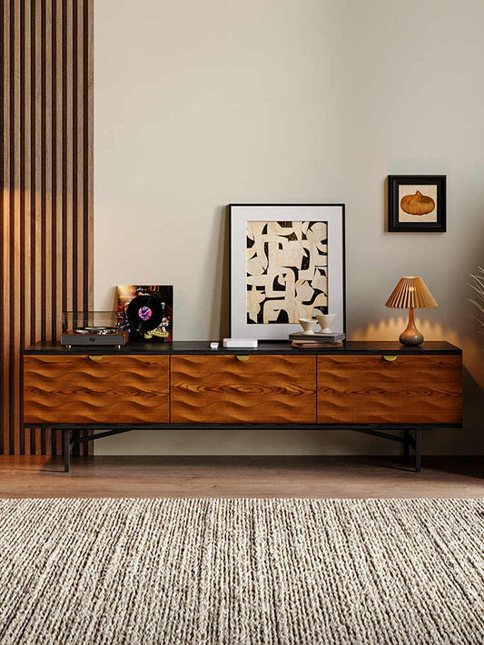 Vintage Solid Wood TV Cabinet – Luxury Wave Pattern Storage Sideboard, Modern Living Room Media Console with Drawers
