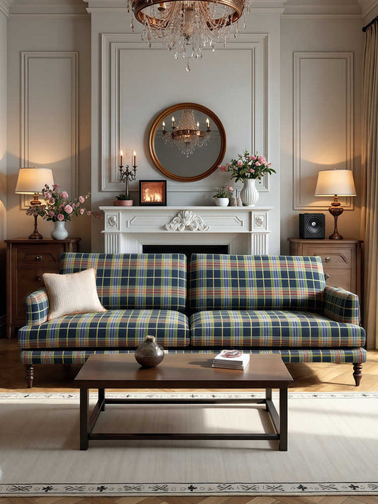 Vintage Plaid Designer Sofa – Colonial 3-Seater for Living Room, Homestay, Retro Guest Lounge