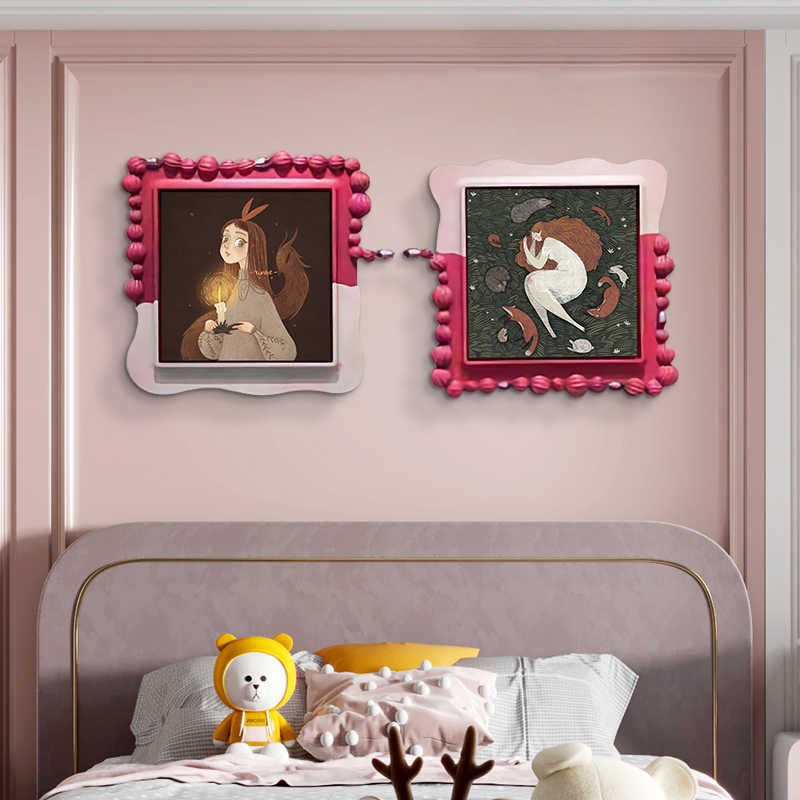 3D Cartoon Girls Animal Wall Art Set, Whimsical Embossed Kids Room Decor, 2-Piece Square Relief Panels for Bedroom or Nursery