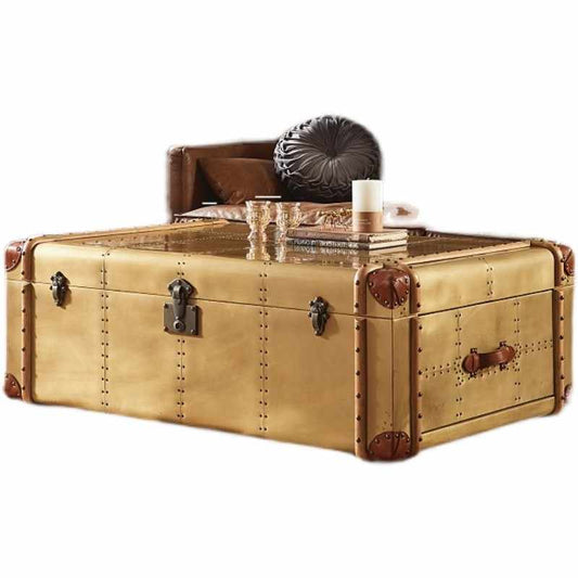 Vintage Industrial Aluminum & Leather Trunk Coffee Table – Antique Bronze Finish Mid-Century Storage Ottoman with Metal Hardware