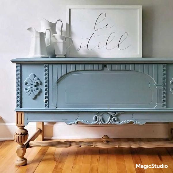 Light Luxury Blue Entryway Sideboard – Villa Entry Cabinet, Solid Wood Accent Buffet, Neoclassical Carved Storage Sideboard
