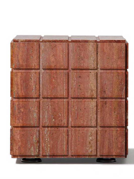 Nordic Luxury Red Travertine Side Table – Natural Stone Cube End Table, Designer Square Accent Table for Living Room, Bedroom, Modern Stone Furniture
