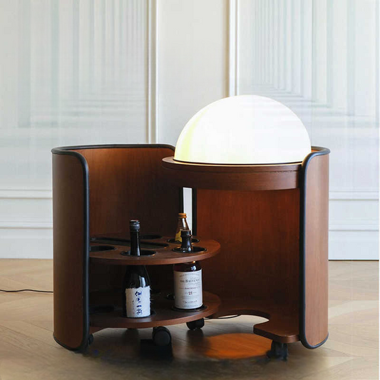 Vintage Modern Mobile Mini Bar Cabinet – Designer Luxury Movable Storage Sideboard with Built-In Lamp, Solid Wood