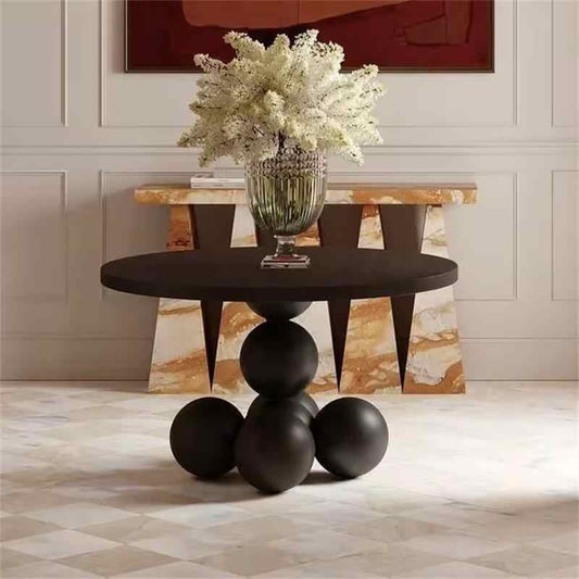 Modern Sphere Base Round Dining Table, Sculptural Solid Wood Minimalist Creative Retro Center Table for Living Room, Restaurant