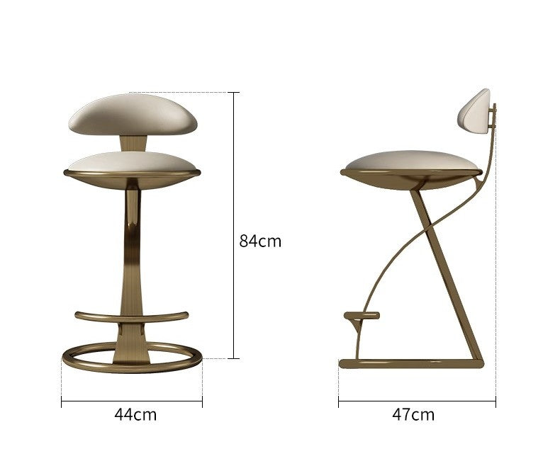 Modern Minimalist Genuine Leather Luxury Bar Stool, Designer Stainless Steel High Stool, Brushed Titanium Gold Finish