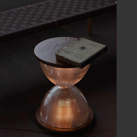 Vintage Tea Table Lamp, Hourglass Glass & Wood Side Table/Cabinet, Designer Floor Lamp for Living Room, Bedroom, Entry (Black Open Surface)