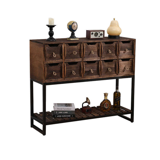 Industrial Rustic Entryway Console Cabinet, American Style Solid Wood Storage Chest with Metal Frame, Bedroom Nightstand, Living Room Side Table