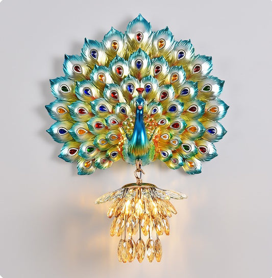Blue Peacock Feather Wall Sconce Set – Crystal Wired Resin Accent Light for Living Room, Bedroom, and Decorative Walls (Set of 2)