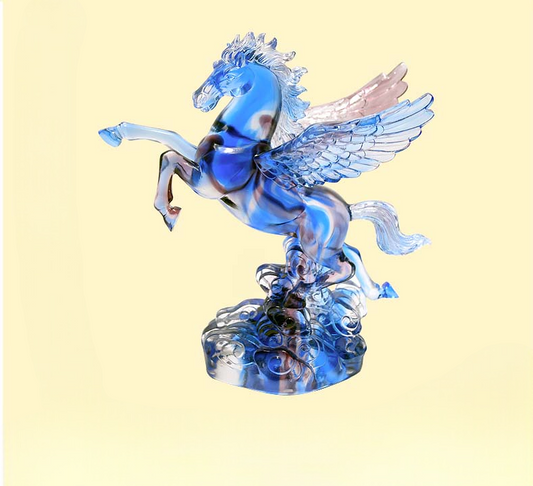 Luxury Blue Crystal Pegasus Figurine, Winged Horse Art Sculpture for Living Room and Office Decor, Large Modern Glass Collectible