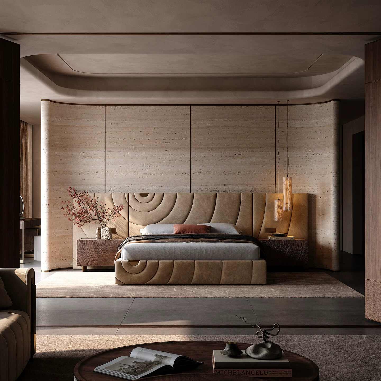 Luxury Ripple Pattern Walnut Bedside Table – Modern Designer Nightstand with White Marble Top, Hand-Carved Artistic Bedroom Accent