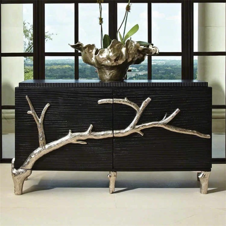 Neoclassical Luxury Black Sideboard – Two-Door Modern Foyer Cabinet with Gold Branch Art Accent