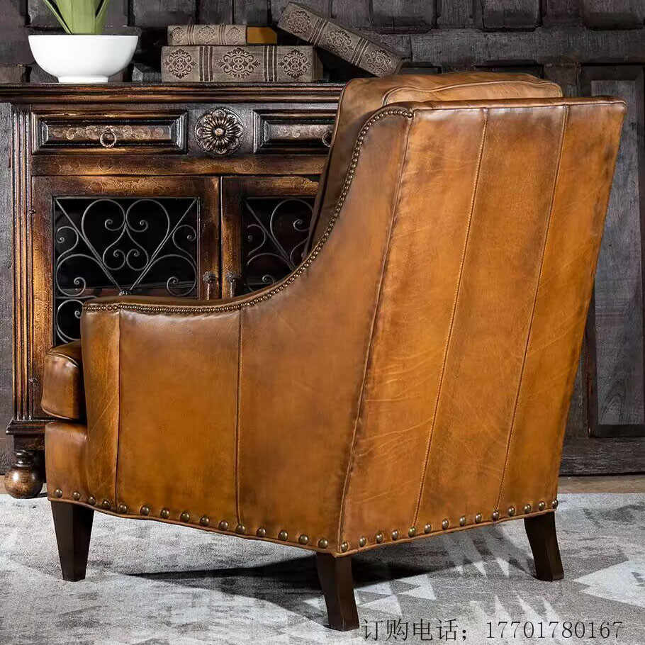 American Luxury Country Wingback Chair – Classic High-Back Armchair with Premium Top-Grain Leather, Traditional European-Style Living Room Furniture