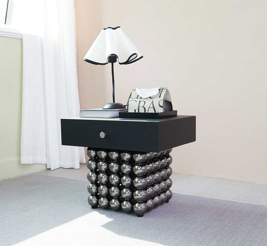 Bauhaus Inspired Floating Nightstand with Chrome Ball Base, Modern Black Side Table with Drawer Storage, Contemporary Steel Sphere Pedestal Design