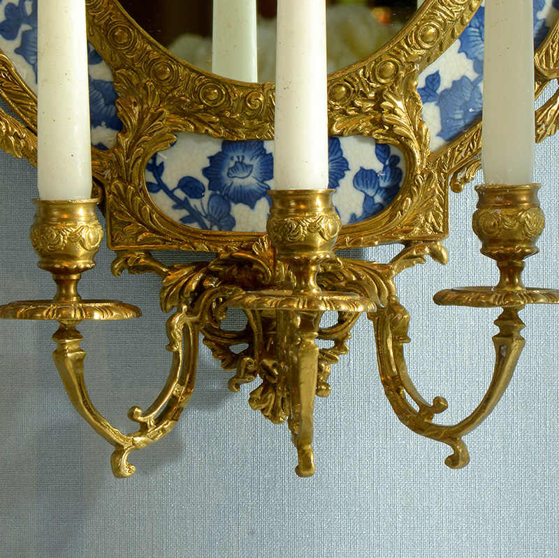 Blue and White Porcelain Brass Wall Mirror Candle Sconce – Oval Entryway Mirror with Candle Holder for Villa and Hall Décor