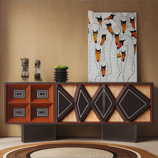 Retro Solid Wood Artistic Sideboard Buffet Cabinet, Modern Luxury Entryway Storage with Drawers, Double-Door Creative Console