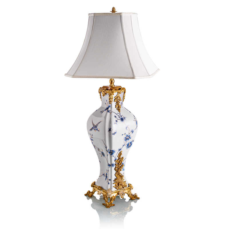 Peacock Porcelain Table Lamp with Gold Accents, Classic Blue Ceramic Bedside Light for Living Room Bedroom, Button Switch