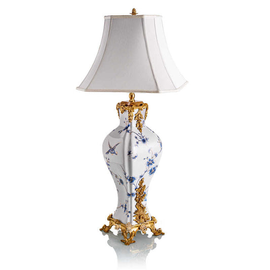 Peacock Porcelain Table Lamp with Gold Accents, Classic Blue Ceramic Bedside Light for Living Room Bedroom, Button Switch