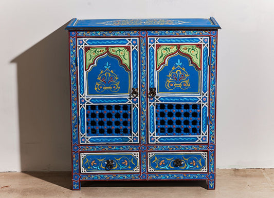 Moroccan Hand-Painted Solid Wood Blue Cabinet, Exotic Entryway Storage Shoe Sideboard