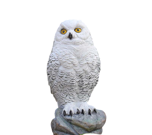 White Resin Owl Garden Statue, Realistic Outdoor Owl Sculpture, Hand Painted Bird Figurine on Rock Base for Patio, Yard, Flower Bed, Rock Garden, Porch, Balcony, Indoor Decor
