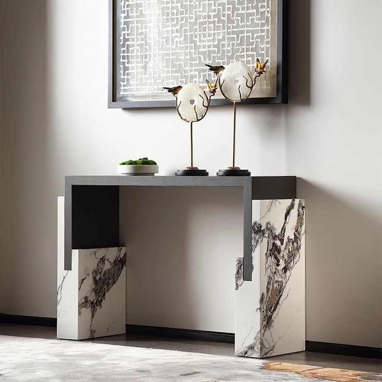 Luxury Ash Wood Console Table with Marble Accents, Modern Minimalist Entryway Hall Table for Villa Hotel Designer Style, Premium End Table