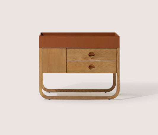 Luxury Two-Tone Nightstand with Leather Top, Ash Wood Console Cabinet with Curved Bentwood Base, Modern Designer Bedside Table with Drawers