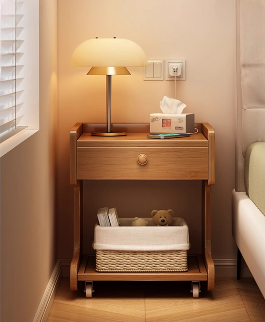 Modern Minimalist Rolling Nightstand – Compact Solid Wood Side Table, Drawer Storage Cabinet, Bedroom/Apartment Utility