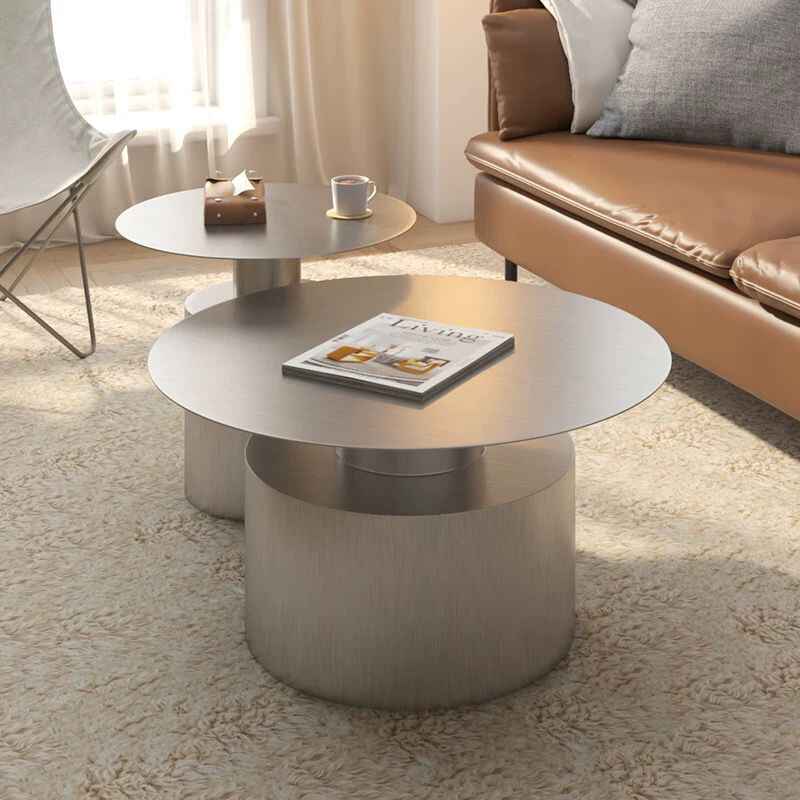 Designer Brushed Stainless Steel Coffee Table Set, Modern Luxury Metal Round Sofa Side Table, Minimalist Living Room Combination (Small & Large)