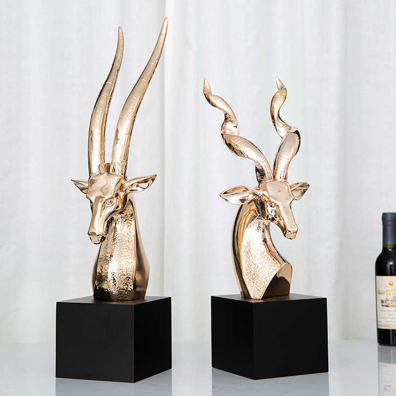 Modern Abstract Ram Head Sculpture Set – Rose Gold Resin Statues for Hotel Lobby, Office, or Home Decor