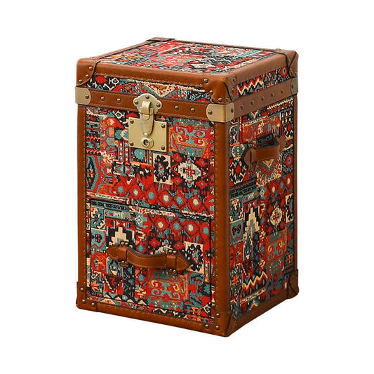 Vintage Persian Carpet Storage Trunk – Bohemian Fabric-Covered Chest with Leather Trim, Decorative Side Table with Lift-Top Storage