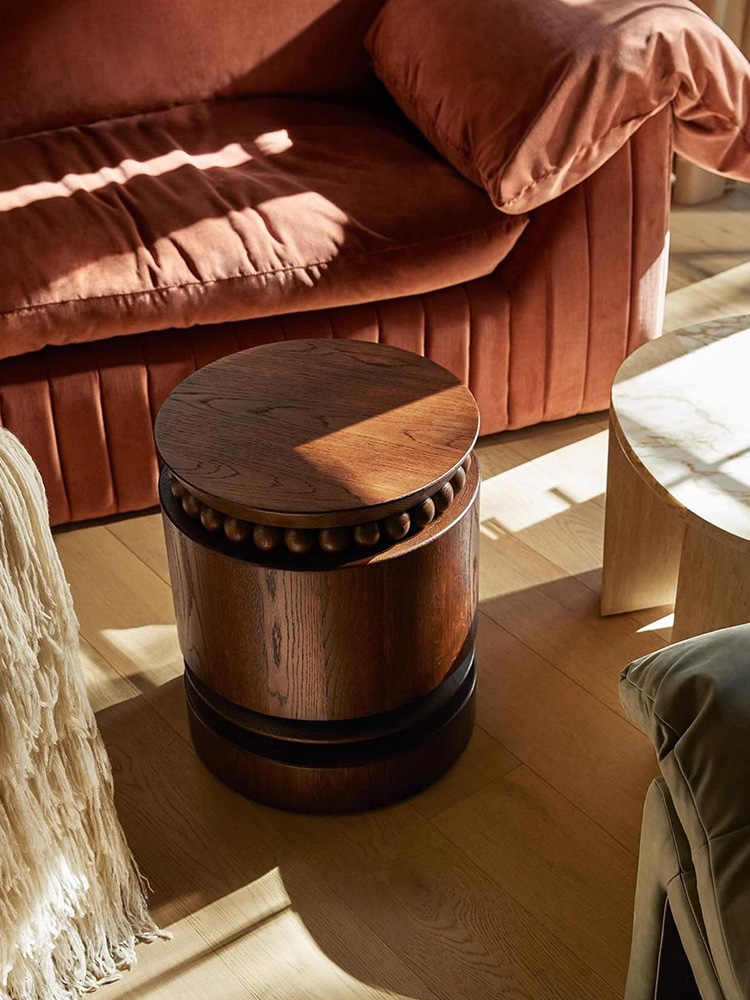 Vintage Solid Wood Accent Side Table, Coco Smoked Brown, Designer Bead Round Stool/End Table