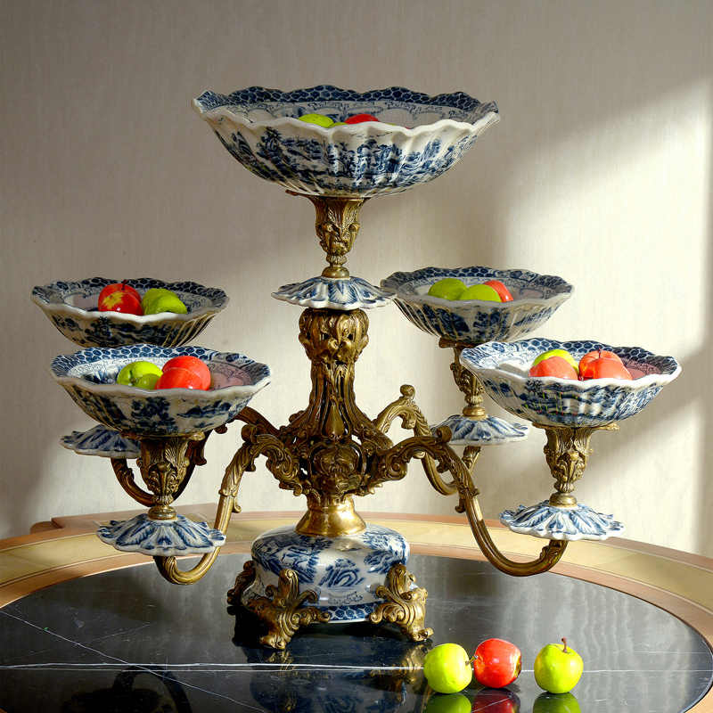 Multi-Tier Porcelain and Brass Fruit Bowl Centerpiece – Luxury Decorative Multi-Dish Stand for Living Room, Villa, Buffet, and Holiday Display