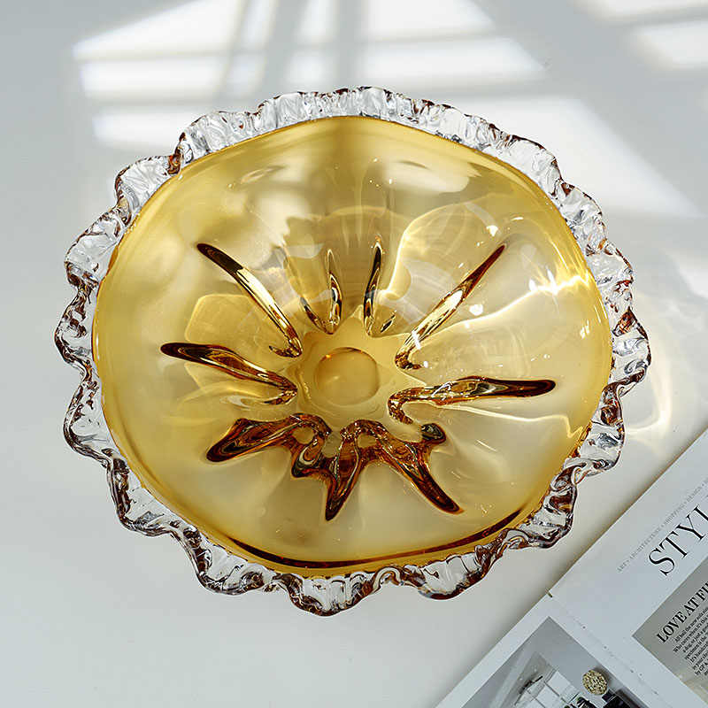 Luxury Gradient Amber Crystal Glass Fruit Bowl, Large Round Serving Dish with Scalloped Edges & Sunburst Design, Premium Home Decor
