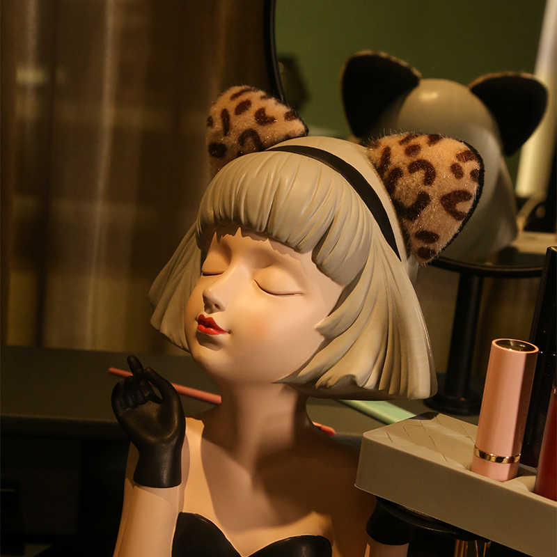 Luxury Girl Figurine Cosmetic Organizer with Leopard Ears, Decorative Vanity Storage Tray for Makeup, Perfume, and Accessories, Cute Bedroom Dresser Decor