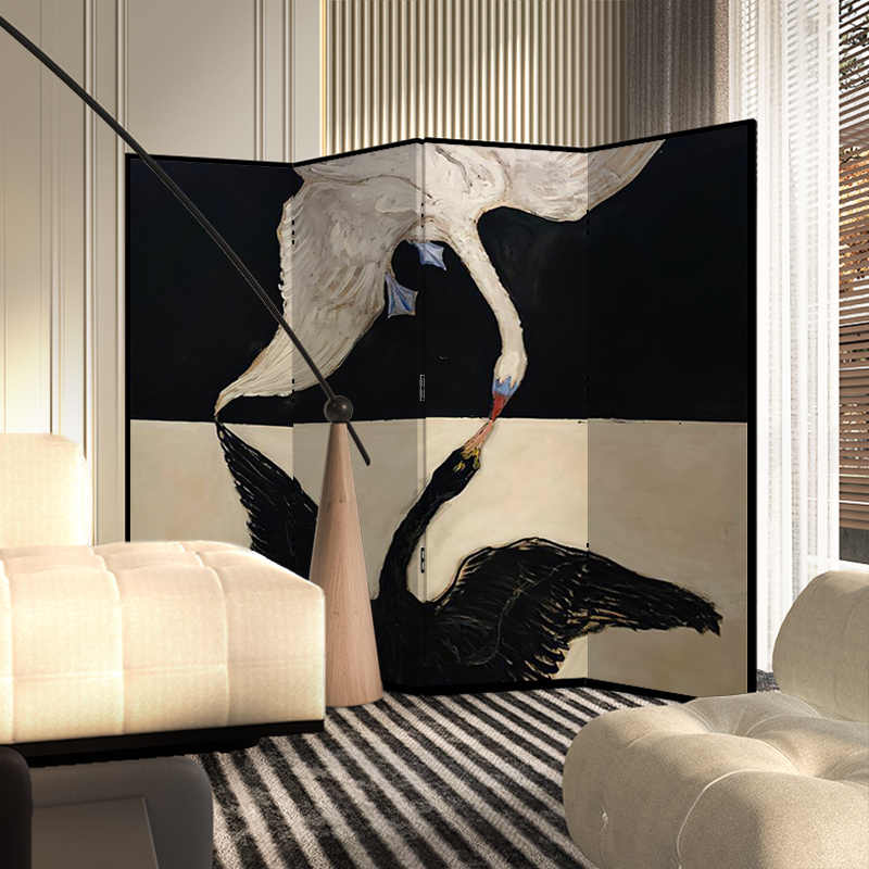 Art Deco Swan Kiss Folding Room Divider, Modern Vintage Four-Panel Metal Screen, Large Hand-Painted Movable Privacy Partition for Living Room, Bedroom, Studio