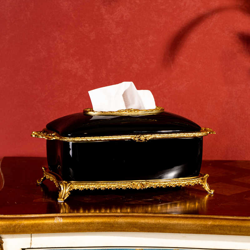 Luxury Black Porcelain and Brass Tissue Box Holder – Elegant Decorative Napkin Dispenser for Living Room, Dining Table, Office, and Coffee Table