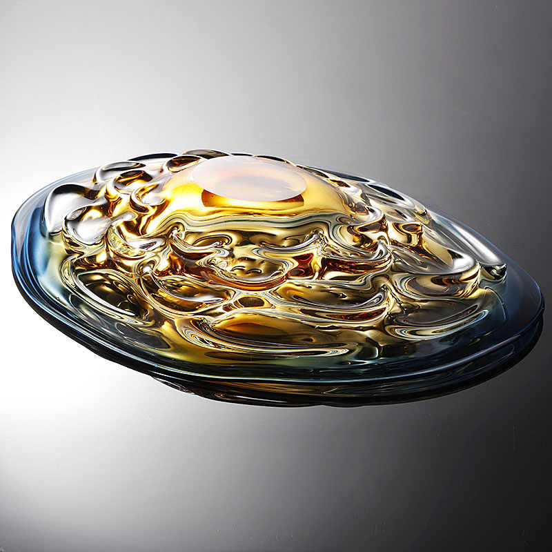 Luxury Gradient Art Glass Oval Fruit Bowl, Extra Large Modern Crescent Moon Design with Flowing Amber-Blue Glass, Premium Coffee Table Centerpiece