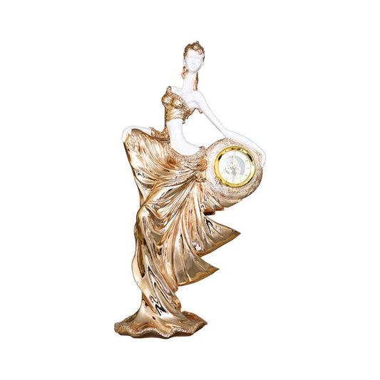 Elegant Style Rose Gold Sculpted Lady Clock – Luxury Resin Figurine Table Decor for Living Room, Office, or Hotel
