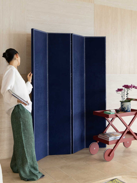 Indigo Blue 4-Panel Folding Screen Room Divider, Luxury Faux Horse Hair Privacy Partition with Metal Studs, Modern Living Room Backdrop