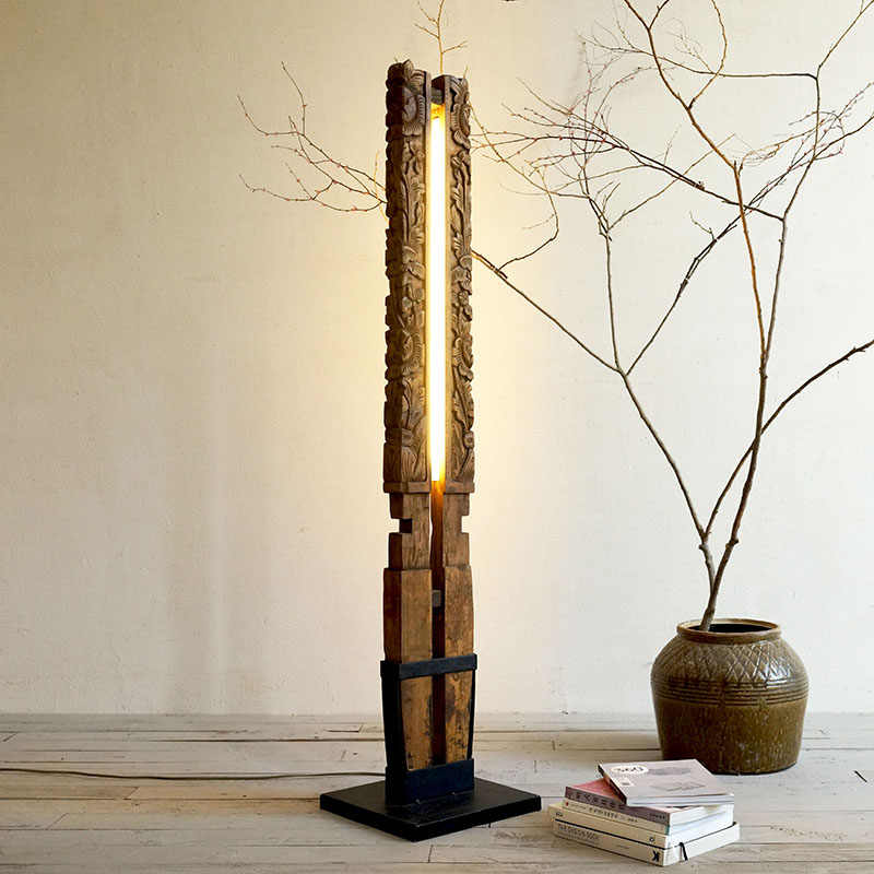 Antique Carved Wood LED Pendant Light, Creative Upcycled Beam Lamp for Study & Boutique, Handcrafted Statement Lighting